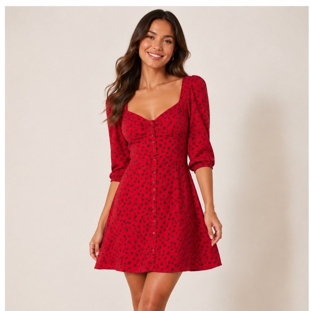 Reformation Red Black Floral Sweetheart Button‎ Front Mini Dress Size 6